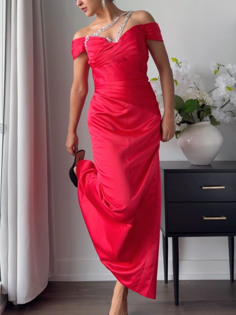 One-Shoulder Red Evening Gown with Rhinestone Strap